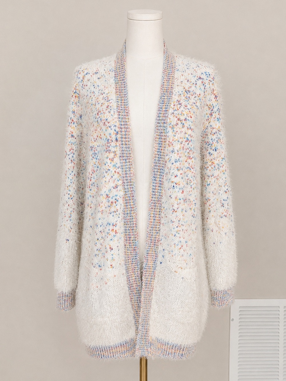 ModCloth Confetti Eyelash Knit Cardigan Sweater Cozy Pastel Open Front Pockets M